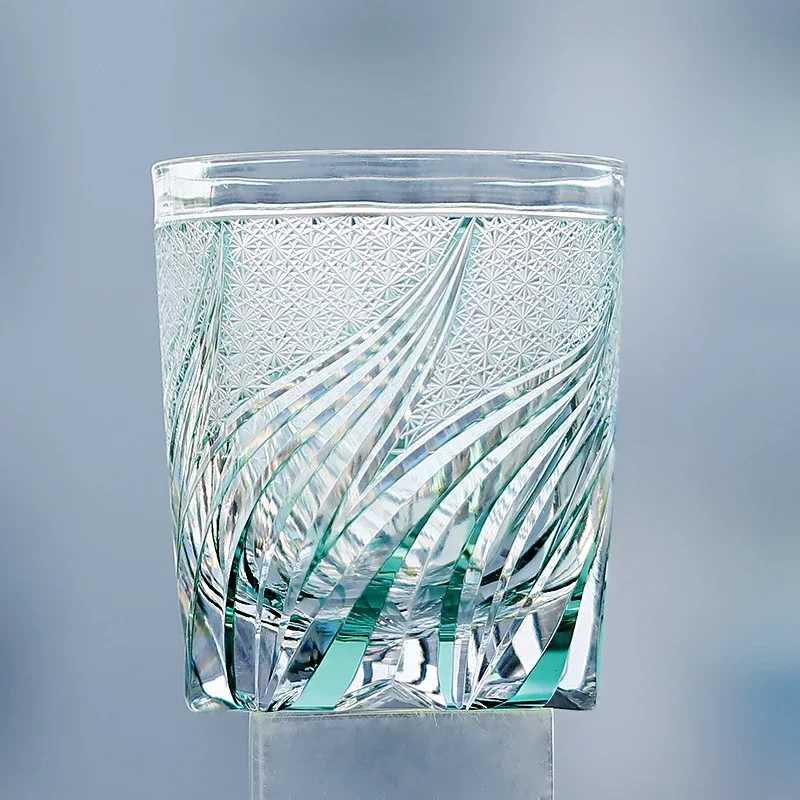 Edo Kiriko Twisted Wave Hand Cut Crystal Tumbler Color Cased Vintage Whiskey Glass Hand Engraved Drinking Glass