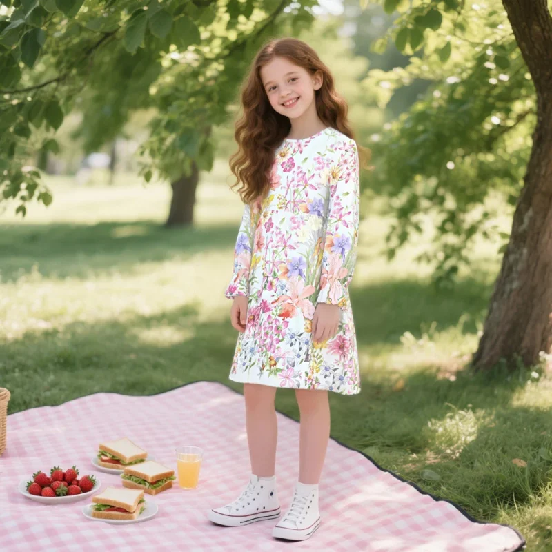 2025 Girls' Long-sleeved Floral Print Dress - Cute and Casual Children's Picnic Style Kids' Clothing
