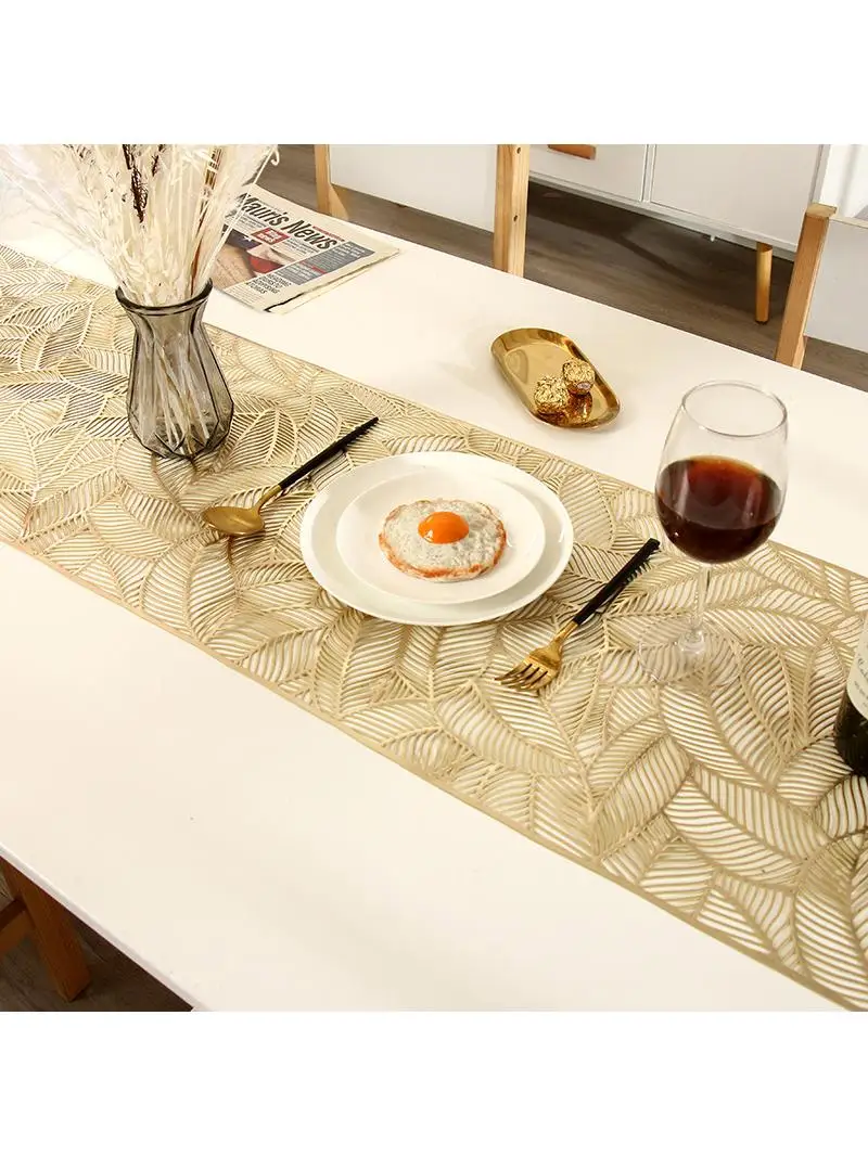 Gold-Stamped Long Combination Leaf Table Flag Pad Hollow Insulated Western Dining Waterproof Non-Slip Heat Resistan...