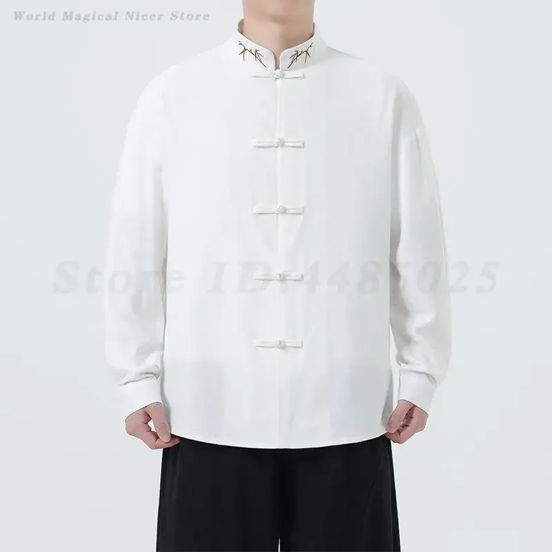 الصينية التقليدية تانغ البدلة سترة موحدة الكونغ فو معطف كبير الحجم الرجال بلوزة طويلة الأكمام الرجعية قميص خمر زر حتى Hanfu #4