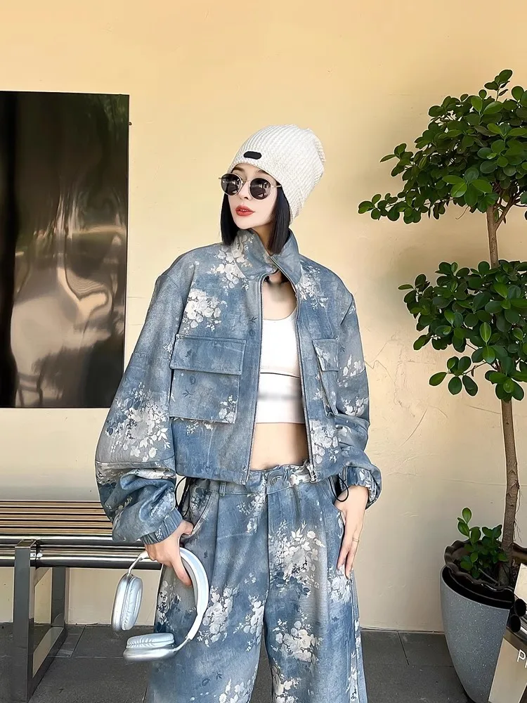 Moda feminina jaqueta de couro genuíno gola impressa pele carneiro hip hop casual casaco curto solto ajuste feminino jaquetas carga