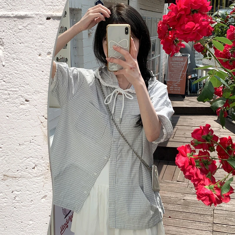

MEXZT Vintage Plaid Shirts Women Japanese Harajuku Hooded Lace Patchwork Blouses Summer Korean Short Sleeve Loose Casual Tops