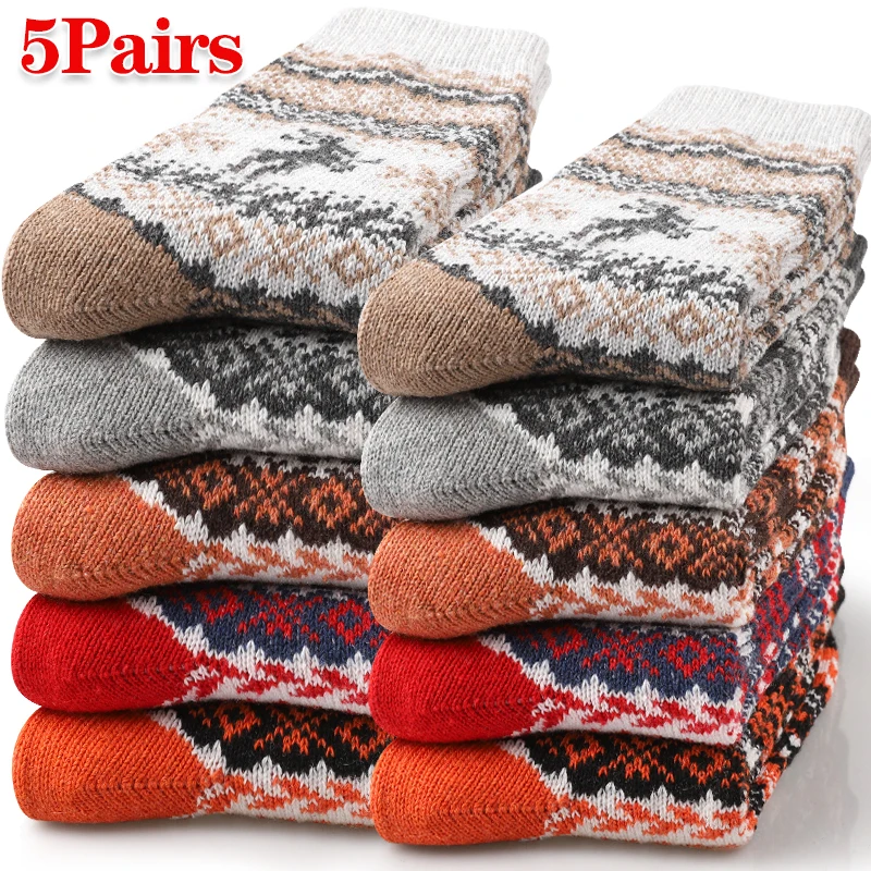 5 คู่ Nordic Snowflake Reindeer คริสต์มาสถุงเท้าผู้ชาย Retro ถักความร้อนถุงเท้าลูกเรือฤดูหนาว WARM Plush ถุงเท้าของขวัญความแปลกใหม่ร้านขายชุดชั้นใน