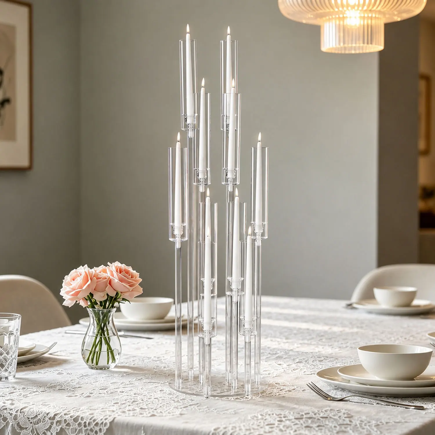 10 Arm Acrylic Candelabra Centerpieces 37.7 Inch Tall Floor Candlestick Holder with Lampshades for Wedding Table Decorations Party Event view 7
