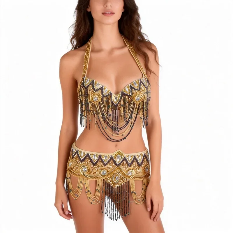 Belly Dance Beaded Embroidery Bra & Waistband Set Indian Style Stage Performance Costume Nightclub Party Dance Outfit For Women