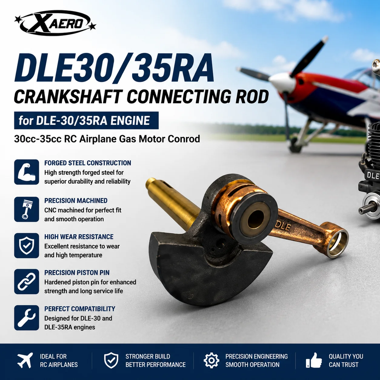 DLE30 DLE35RA Crankshaft Connecting Rod for DLE-30/35RA Engine, 30cc-35cc RC Airplane Gas Motor Conrod, Forged Steel Piston Pin