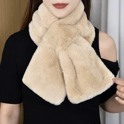 Korean Solid Color Women's Faux Rabbit Fur Collar Thicken Neck Protection Cross Plush Shawl Female Winter Outdoor Warm Scarf T41