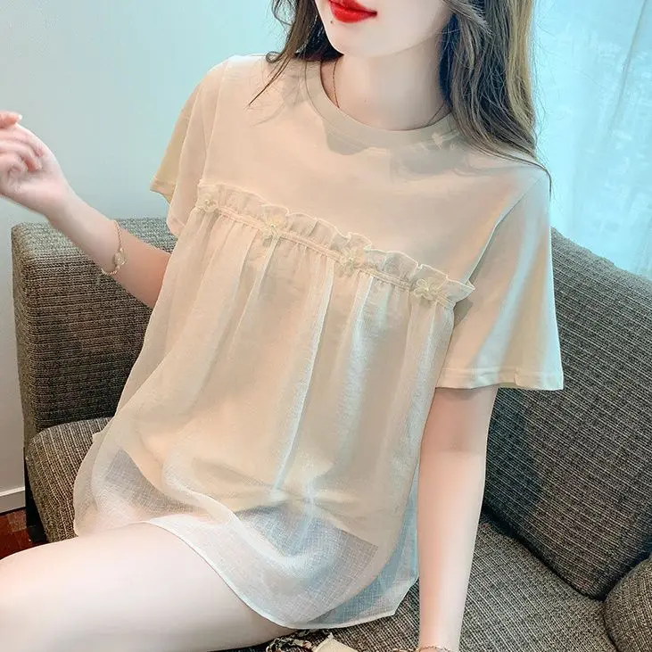 

Высококачественные сетчатые футболки из двух частей, модные свободные рубашки с объемными цветами, закрывающие живот, топы