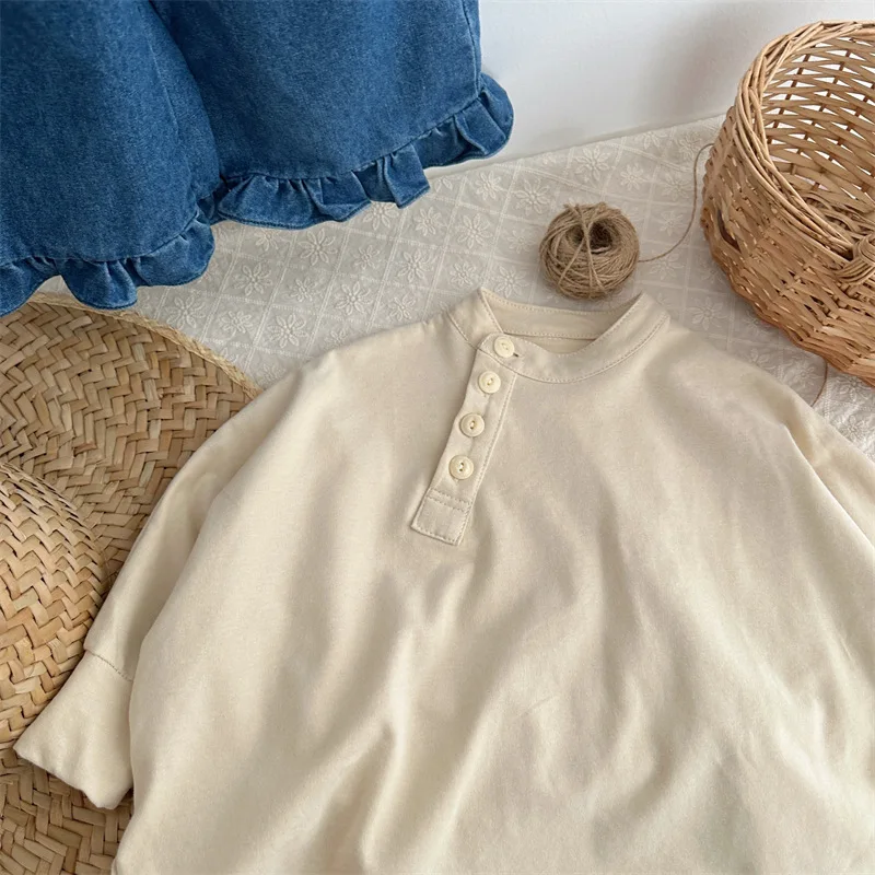 Boys' and Girls' Pullover Slanted Placket Top Children's Japanese Cotton Brushed Solid Color T-shirt
