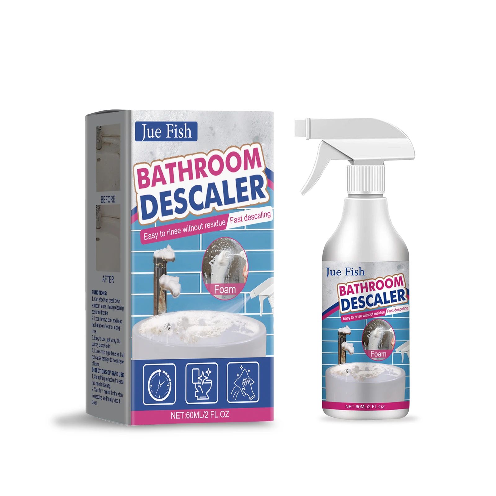 Bathroom Descaler Foam Cleaner Spray - 2 fl oz (60 ml), Fast-Acting 1-Minute Limescale Remover, Mild Surfactant & Corrosion Inhibitor Formula for Showers, Bathtubs, Sinks & Faucets