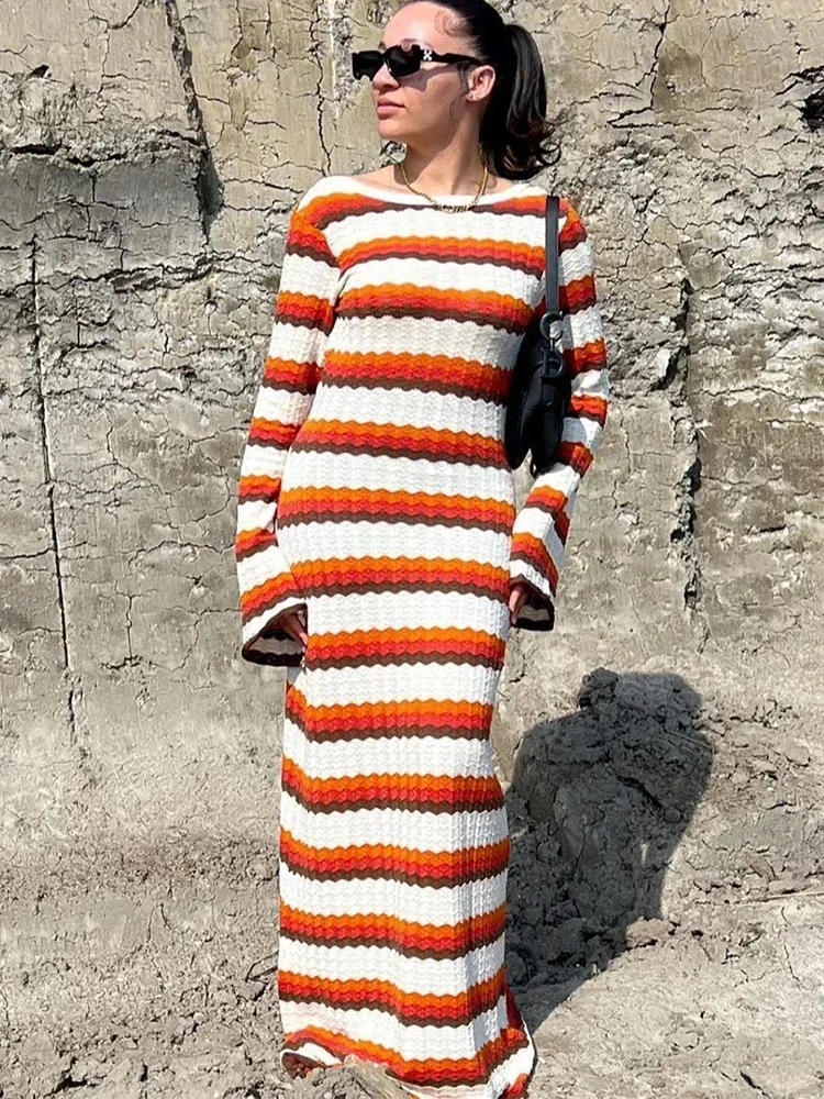 Elegant Striped Crochet Knitted Maxi Dress Fashion O-neck Flare Long Sleeve Backless Dresses 2024 Women High Street Slim Robes