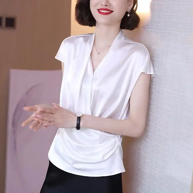 2024 Summer Beautiful Women's Blouses fashion Chiffon V Neck Women Blouses Satin Office Black Women Elegant Shirts Silk camisa