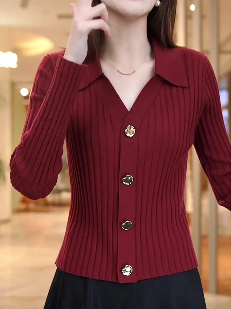 

Fall Winter New Style Women's Knitted Woolen Cardigan Short Slim Fit Long Sleeve V-Neck Base Shirt Fashionable Compact Size