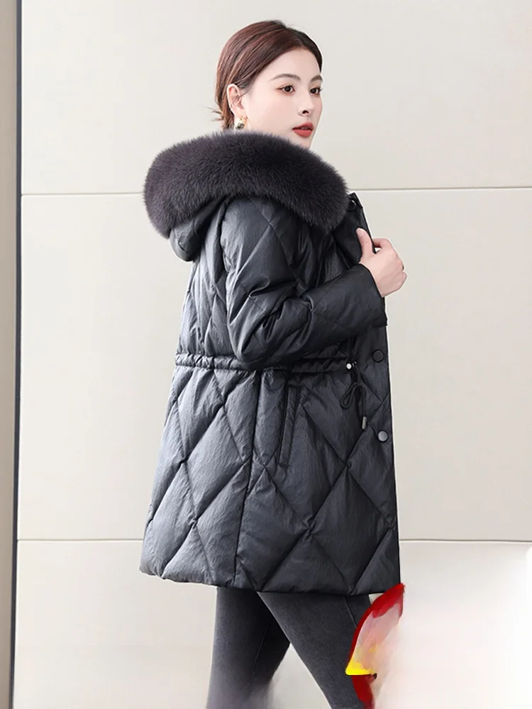   Ning Genuine Leather Down Jaet Cappotto invernale da donna di media lunghezza in pelle di pecora ispessita bianca Du Down Coat