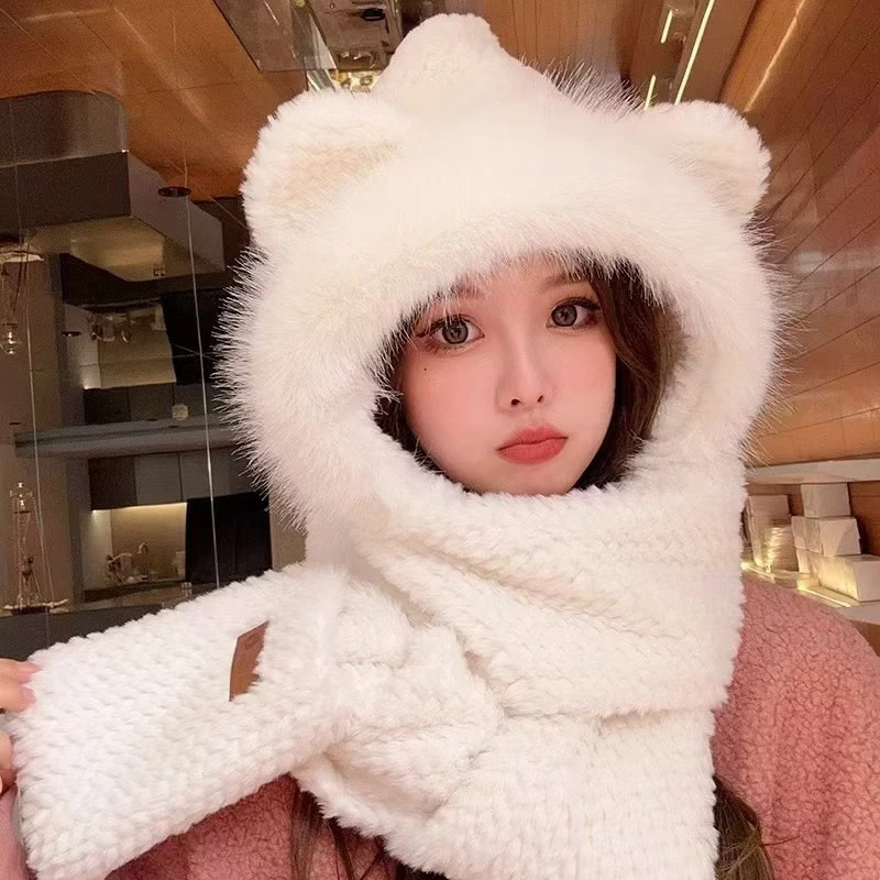 Bunny Ear Plush Hat And Scarf For Women Winter Style Cute Thick Warm Ear-Protecting Lei Feng Hat