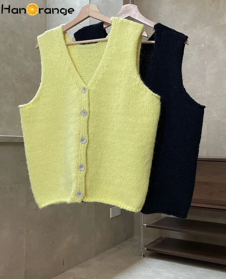 HanOrange Inizio primavera Ins stile semplice alla moda con scollo a V cardigan lavorato a maglia gilet gilet senza maniche allentato da donna