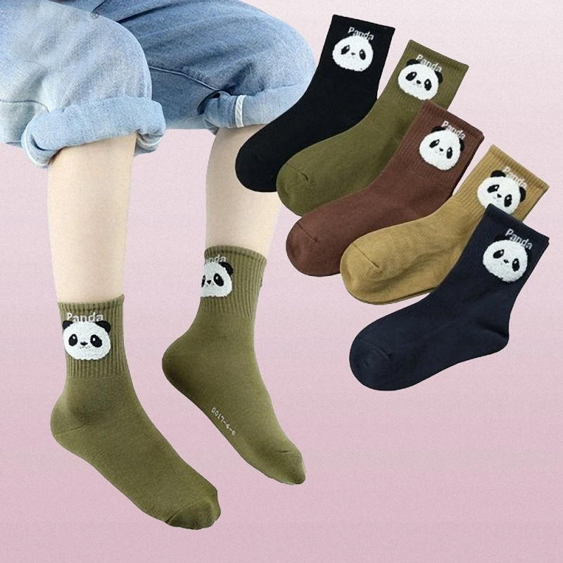 

2024 New Fashion 5/10 Pairs Thick Cartoon Panda Middle Tube Socks Combed Cotton Boneless Children's Socks Student Socks