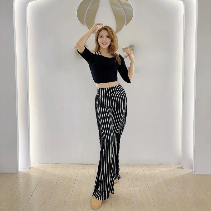 

customized belly dance costumes practice outfit with black modal bat sleeves black and white striped fringe pants set