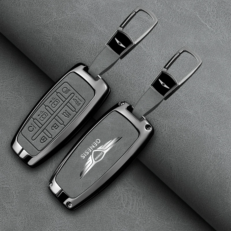Leather Car Key Case Full Cover Protection Shell Keychain Accessories For Hyundai Genesis G80 GV70 GV80 GV90 2019 2020 2021 2022