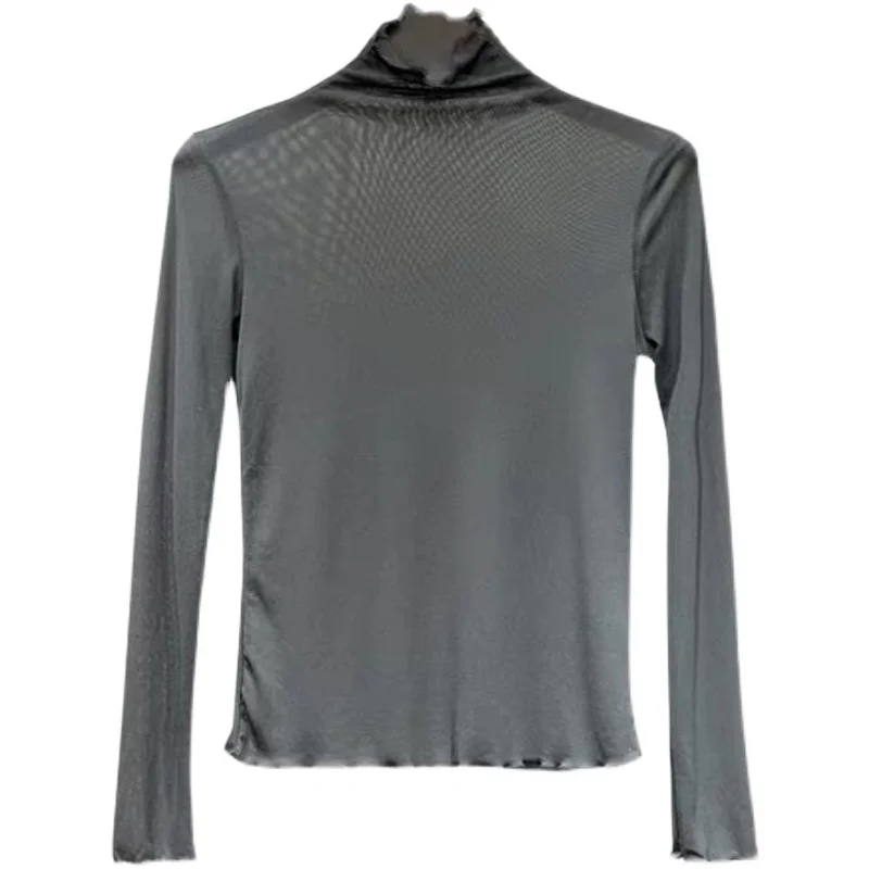 Mesh See Through T-Shirts for Women, Turtleneck, Solid Slim, Elastic, Long-Sleeved Female Buttoning Pulls, Tops Tees, Summer