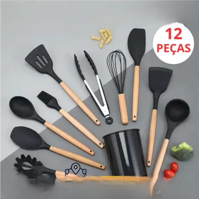 KIT Cozinha Conjunto com 12 peças Jogo de Utensilio Culinário cabo de Madeira Antiaderente Envio Rápido para todo Brasil
