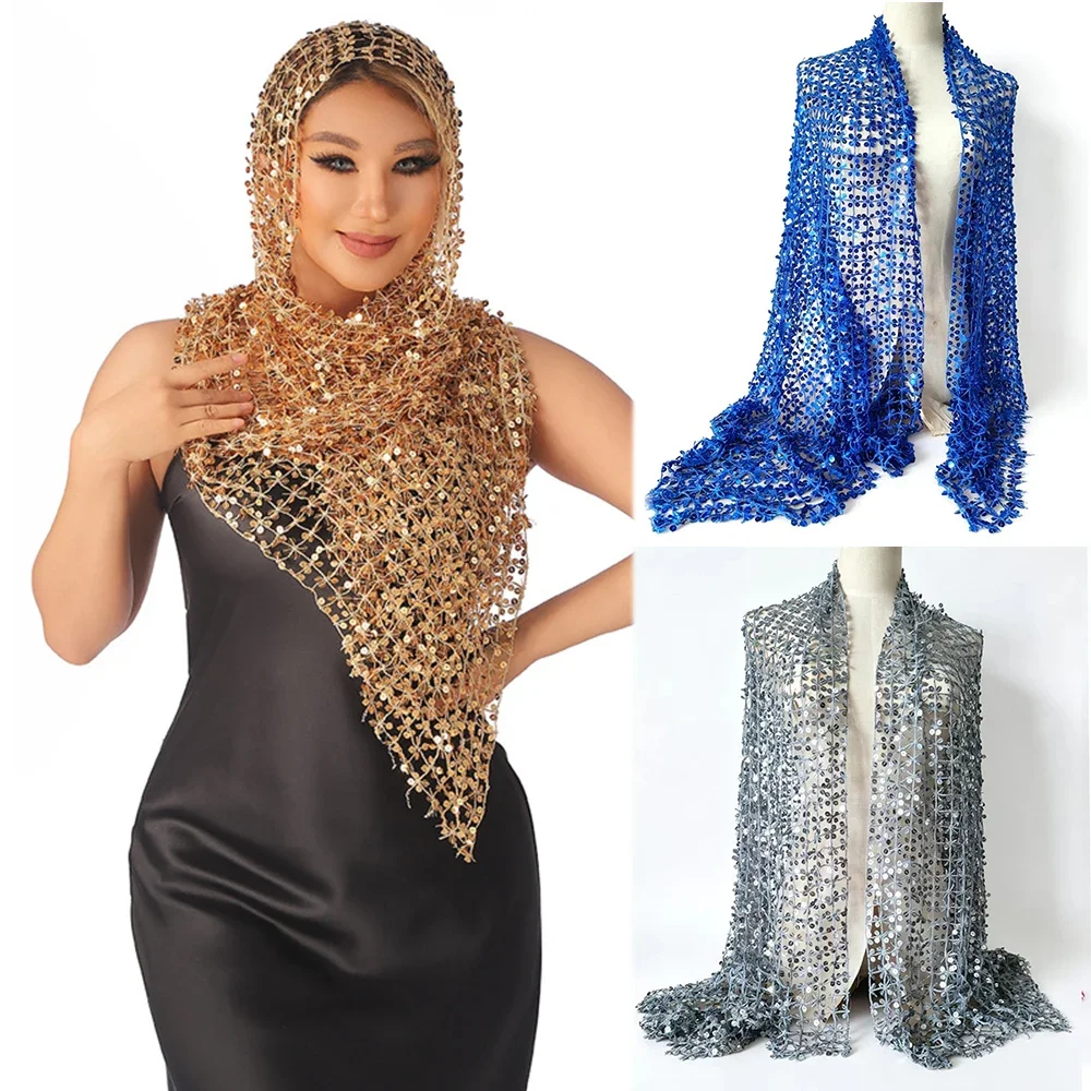 Sequin Hollow Out Shawl Wrap for Women, Sparkly Mesh Scarf Headscarf, Ethnic Style Glitter Scarves Evening Dress Wedding Party