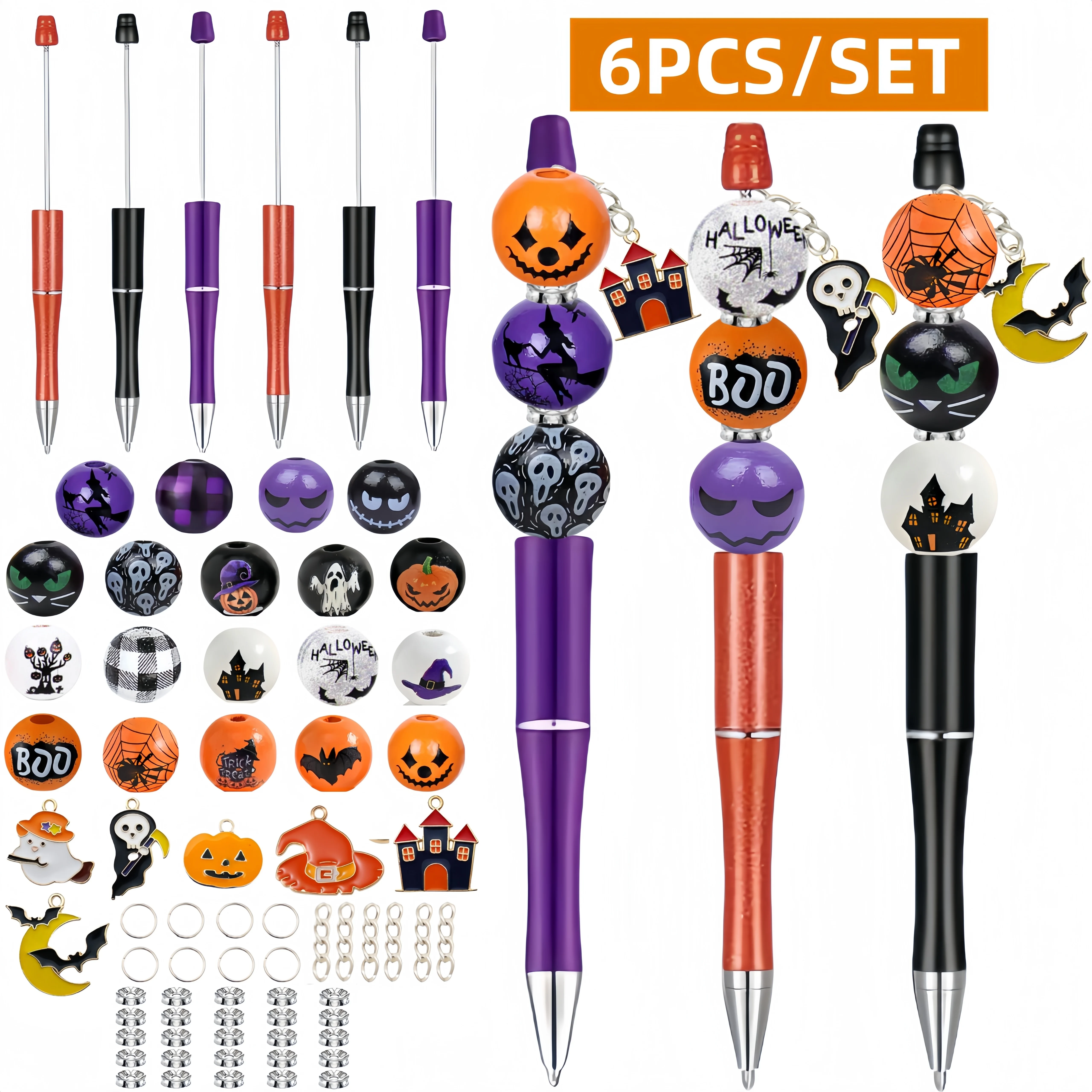 

6PCS Black Purple Orange Halloween Pumpkin Horror Theme DIY Beaded Ballpoint Pen&Wooden Bead Pendant Set,Office Study Supplies