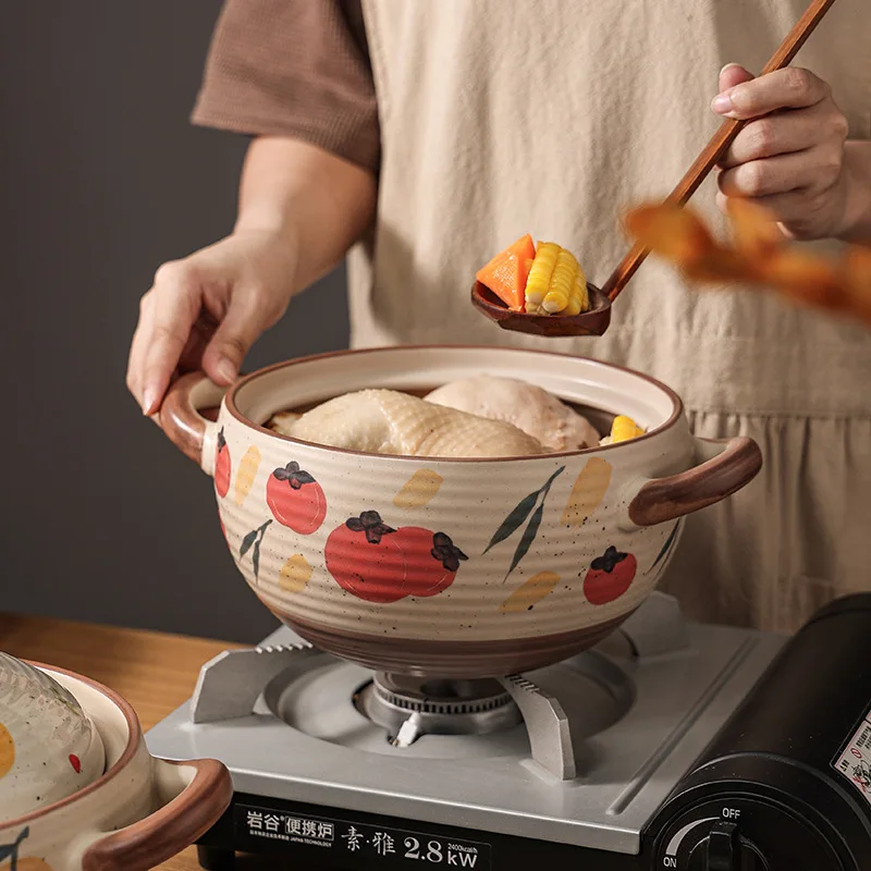 Japanese Clay Pot Home Cartoon Hand Painted Cooking Pot Open Fire Gas Stove Large Size Ceramics Soup Saucepan 2.4/4.5L ZC935