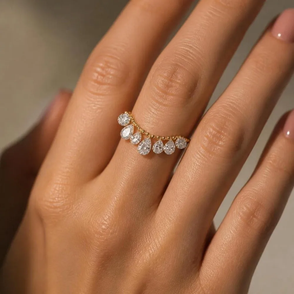 Fashion Water Drop Shape Tassel Ring Pull Bead Chain Adjustable Chain Ring Stackable Ring Women