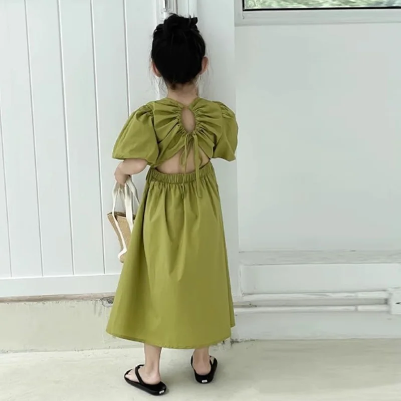 2025 Summer Girls Dress Princess Puff Sleeve Backless Gown Children Vacation Fashion Clothing Kids Solic Color Casual Dresses