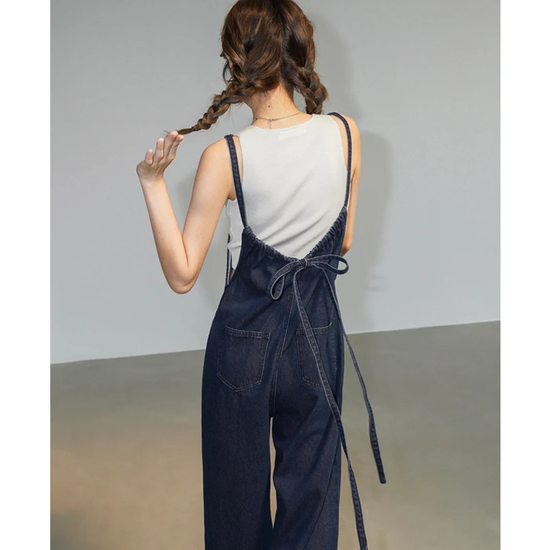 

MEXZT Denim Overalls Women Streetwear Jumpsuits Vintage Sweet Wide Leg Suspender Pants Preppy Bow Bandage Strap Jeans Trousers