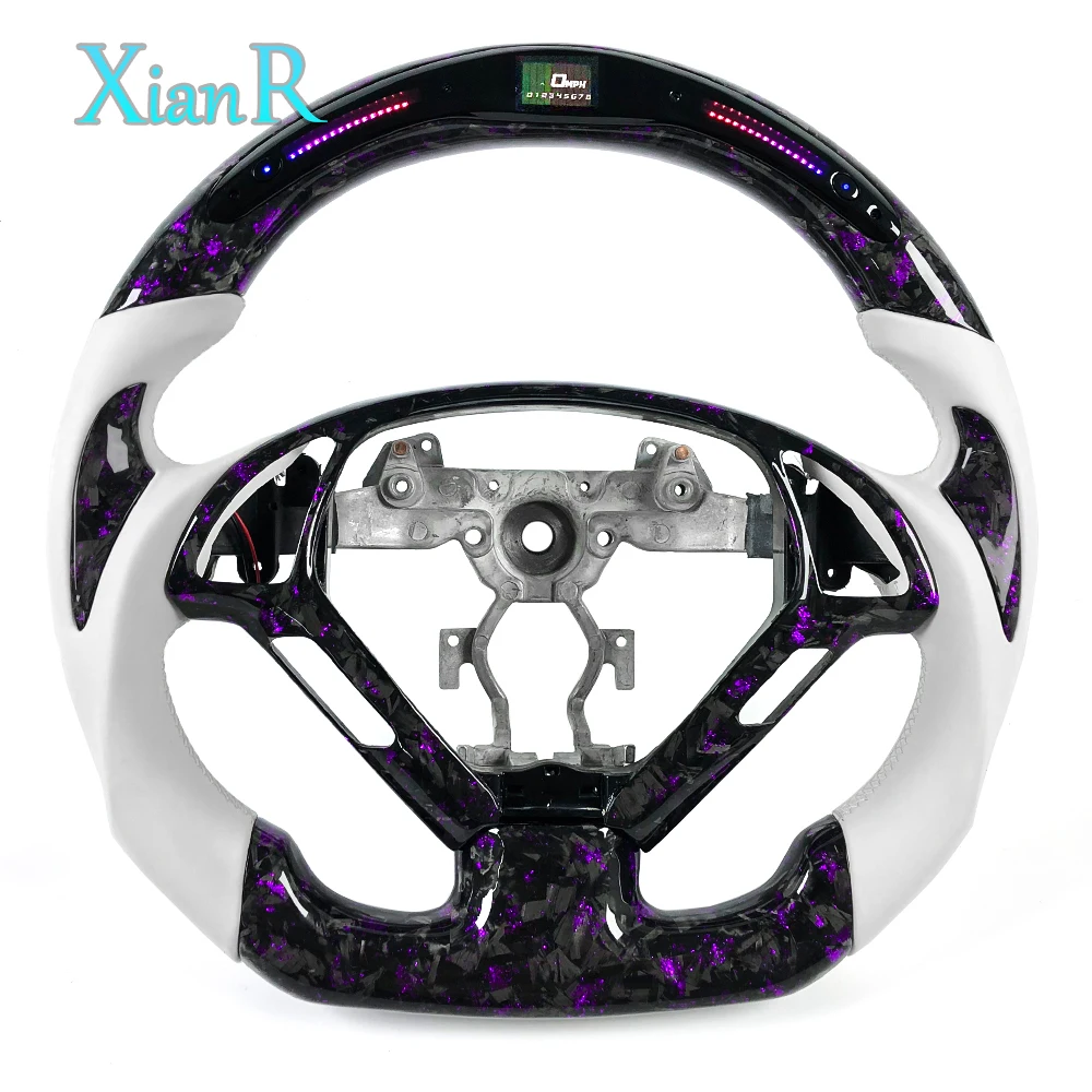 LED Purple Powder Forged Carbon Fiber Steering Wheel with White Smooth Leather for Infiniti G35 G37 Coupe Sedan 2007-2015 Models