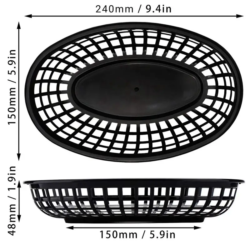 B84B-48Pcs Plastic Basket Serving Tray French Fries Basket Oval Fast Food Tray Restaurant Bar Fries Food Service Tray Black