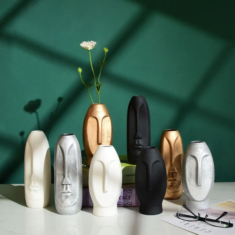 

Nordic Ceramic Flower Vase Creative Black and White Human Face Flower Plant Dried Flower Decorations Desktop Ornament Home Decor