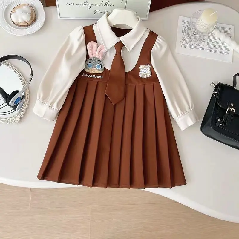 Girls Jk Dress College Spring and Autumn New Cartoon Rabbit Police Skirt Fake Two Piece Student School Uniform Children Clothes