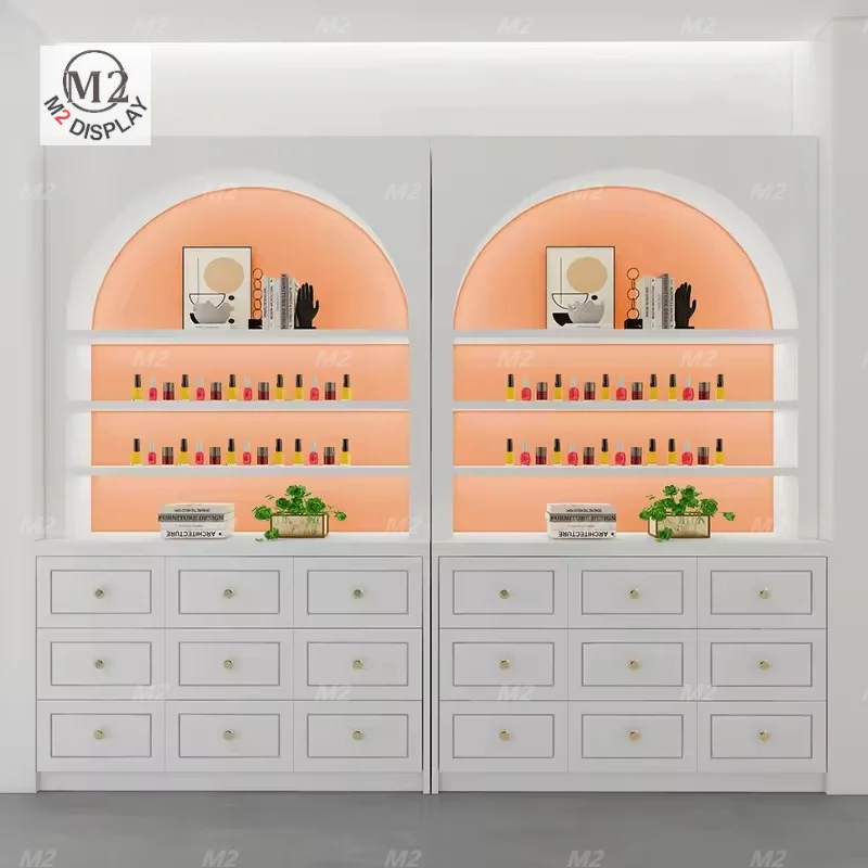 M2 Nail Spa Modern White Nail Shop Design Perfume Shop Design Salon Counter LED Nail Polish Display Cabinet With Storage