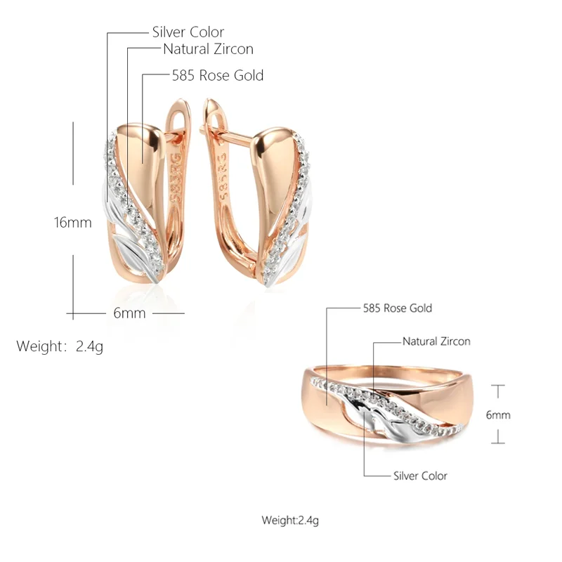 Wbmqda Fashion 585 Rose Gold Silver Color Drop Earrings Ring For Women Natural Zircon Setting Luxury Wedding Party Jewelry Gifts