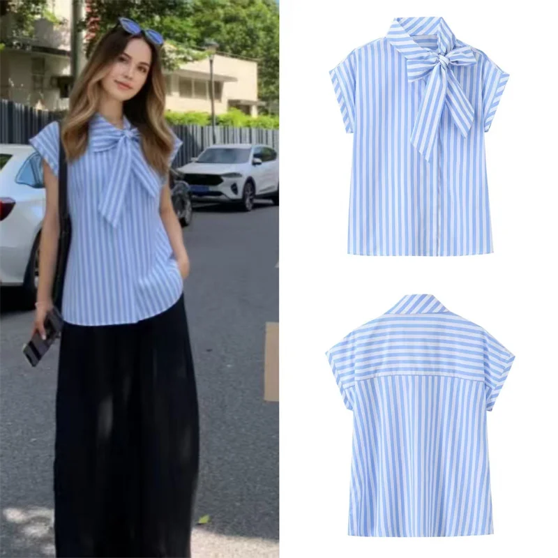 

Women's Striped Shirt with Bowknot Front Detail Long Sleeve Casual Button up Top in Navy/White