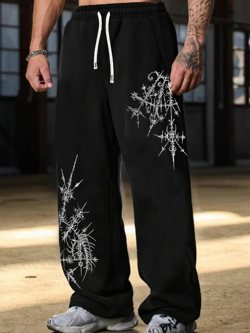 

Men's Gothic Printed Jogging Pants - Loose Straight Leg Pants with Thigh and Hem Wire Mesh Prints, All Season Casual Sweatpants