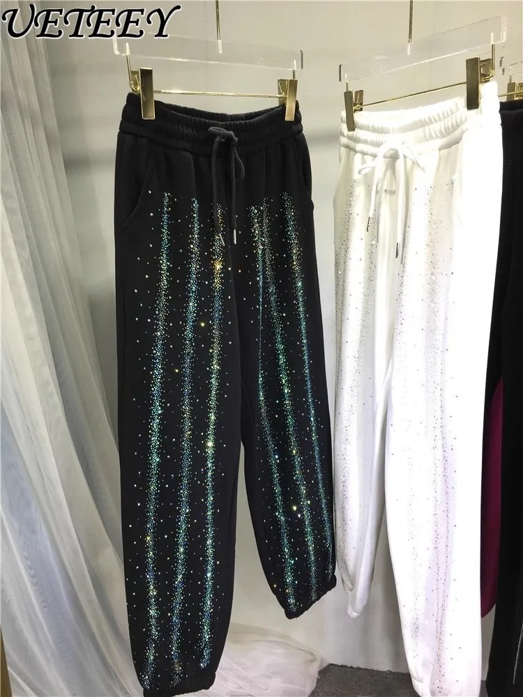 Oversize European Heavy Industry Hot Diamond Loose Sweatpants Women's Velvet Thickened High Waist Thin Sports Pants