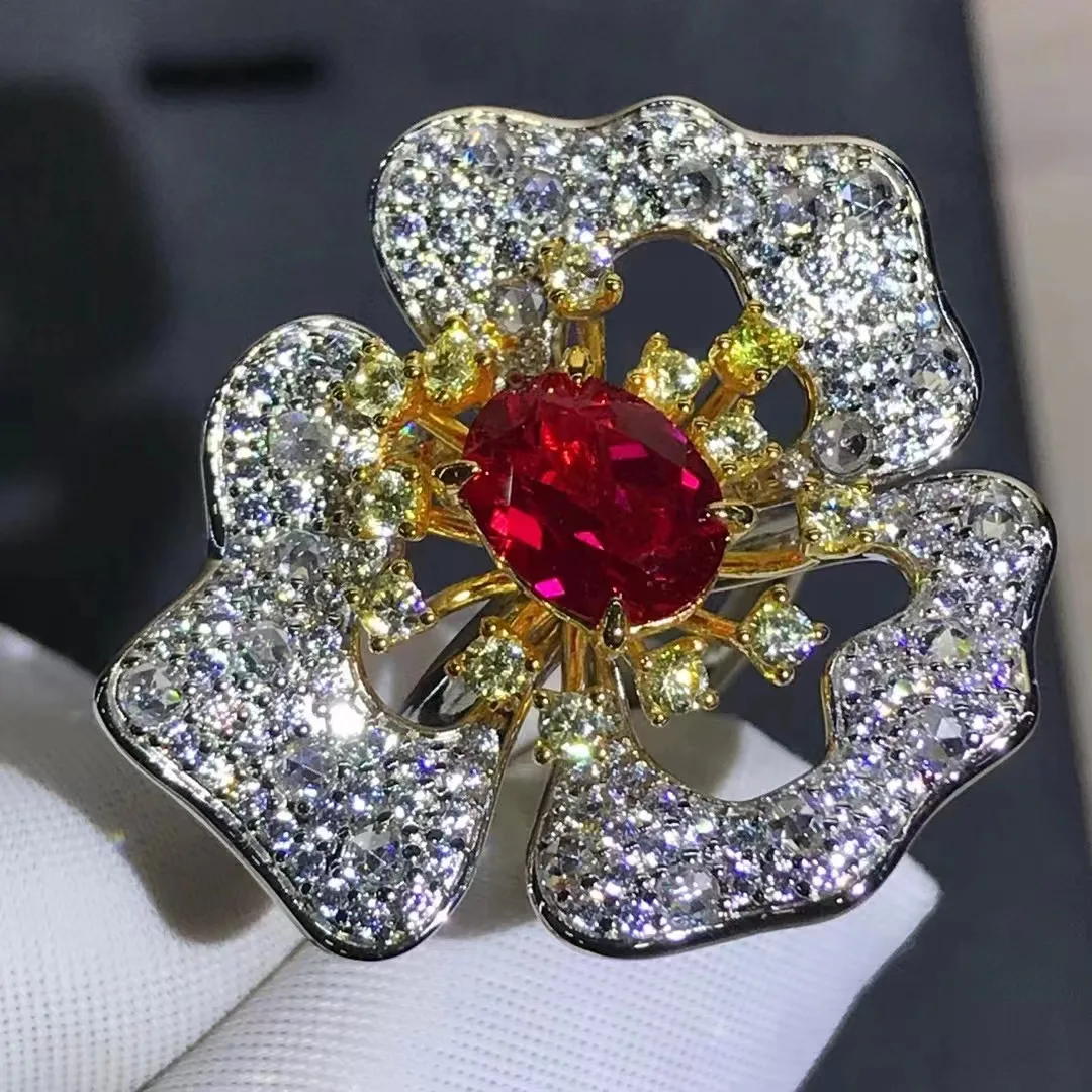 Wong Rain 18K Gold Plated 925 Sterling Silver 2 CT Ruby Simulated Moissanite Gemstone Wedding Cocktail Flower Ring Fine Jewelry