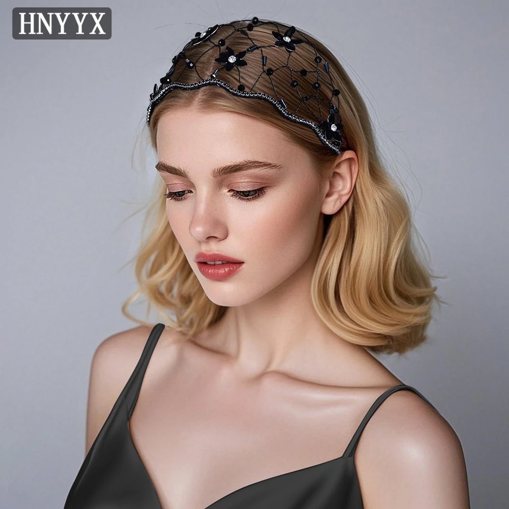 

HNYYX Fashion Black Crystal Beaded Headband Exquisite Weaving Hairband Mesh Crown For Women Bridal Wedding Headpiece A309