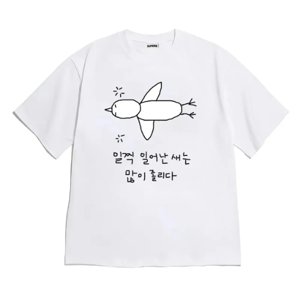 Funny Simple Doodle Bird Hangul Letter Graphic Tee Unisex 2026 Korean Streetwear Y2K Loose Crew Neck Cotton Casual SummerT-Shirt