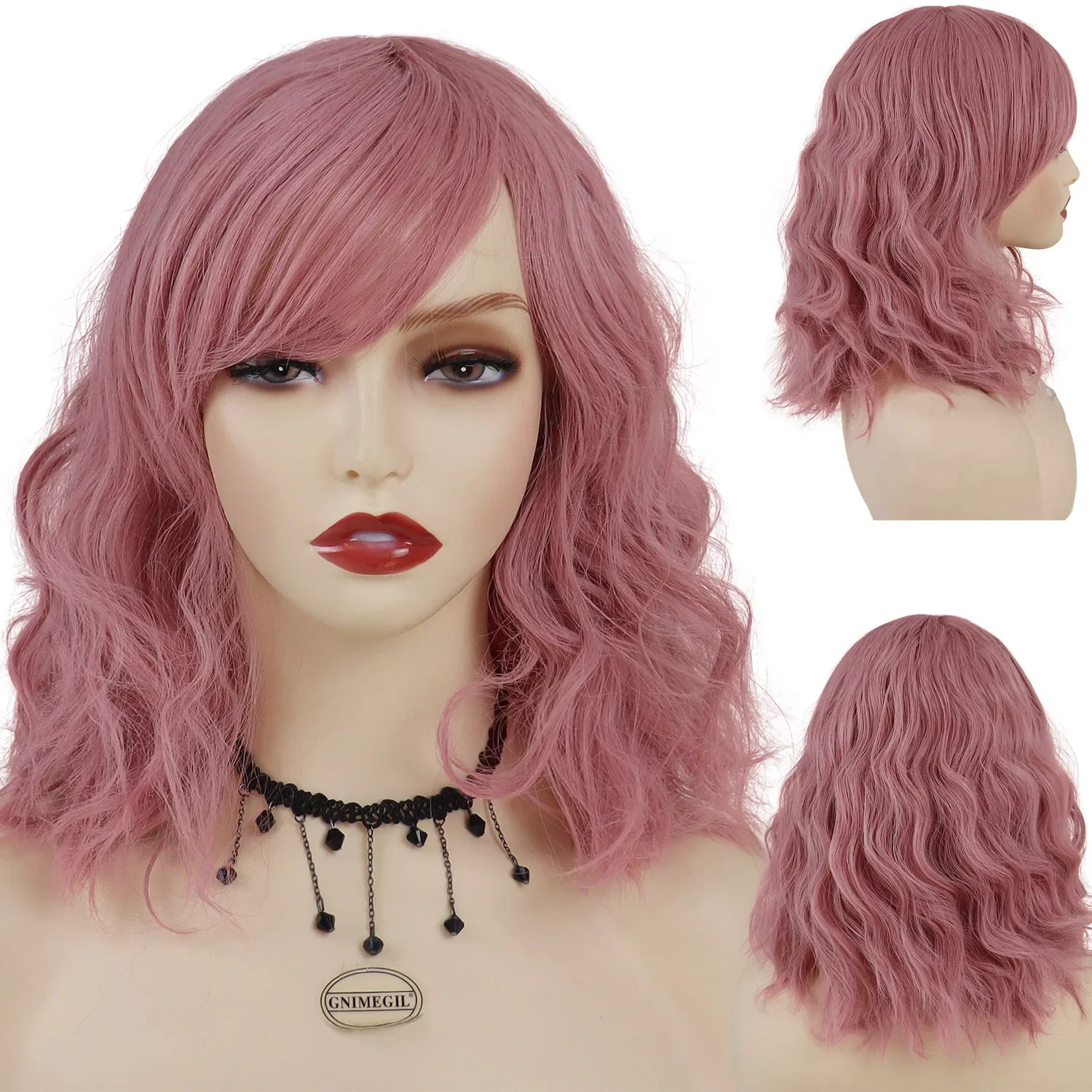 GNIMEGIL Synthetic Pink Wig with Bangs Lolita Wig Cosplay Medium Wigs Curly Wave Bob Wigs for Women Carnival Clear ance S-A-L-E