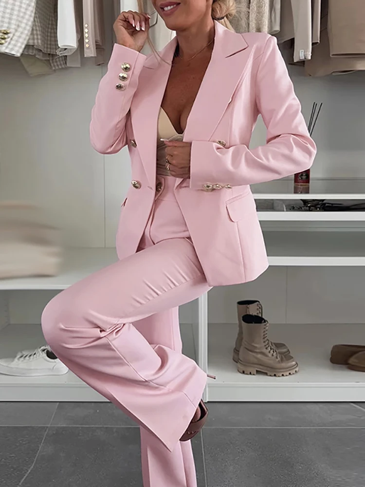

Elegant Temperament Slim Pants Set Fashion Office Button Design Outfit 2025 Autumn Women's Lapel Collar Long Sleeved Blazer Suit