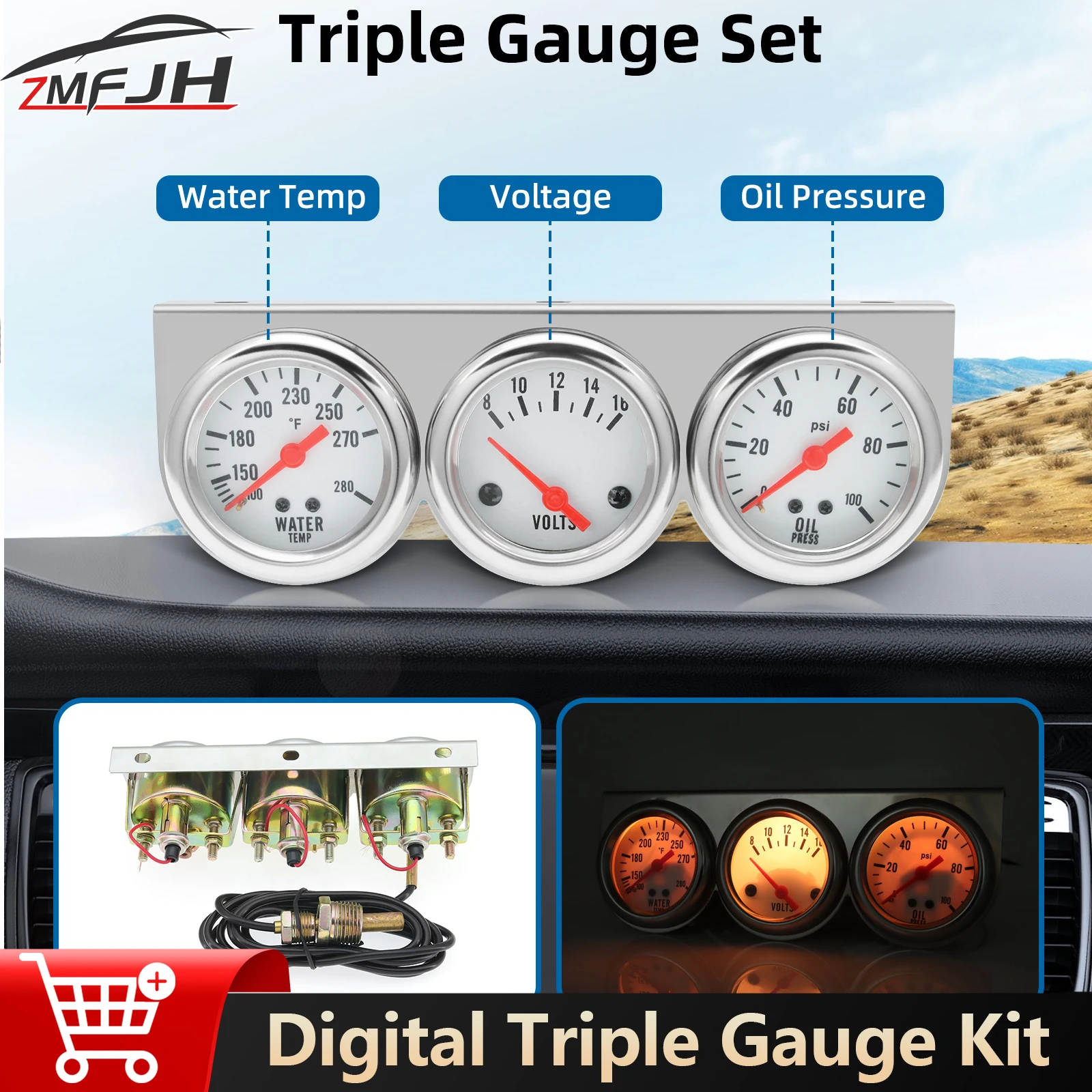 

Triple Gauge Kit Water Temp Voltage Oil Pressure Gauge With LED Light For Car Marine Tractor Mechanical Instrument Universal