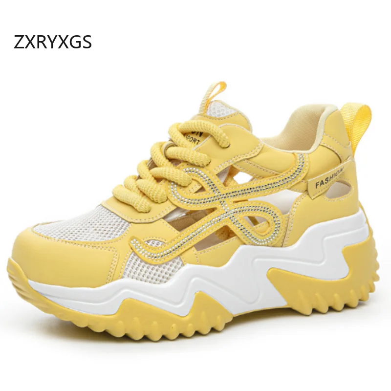 ZXRYXGS Summer Women's Sneakers Sandals 2026 New Mesh Cowhide Splicing Spell Colors Rhinestone Sandals Platform Elevator Sandals