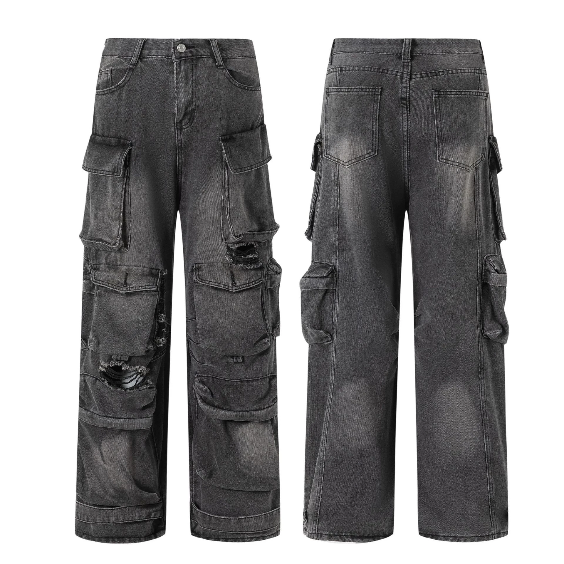 MWJQ Vintage American Jeans Men's Washed Multi Pocket Design Hole High Street Loose Straight Leg Pants 2025 Spring New 010093