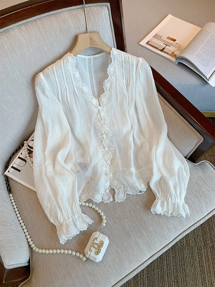 

Ele Heavy Embroidery Hollow out Lace Trim V Ne irt Женская летняя модная трендовая универсальная тонкая длинная блузка све