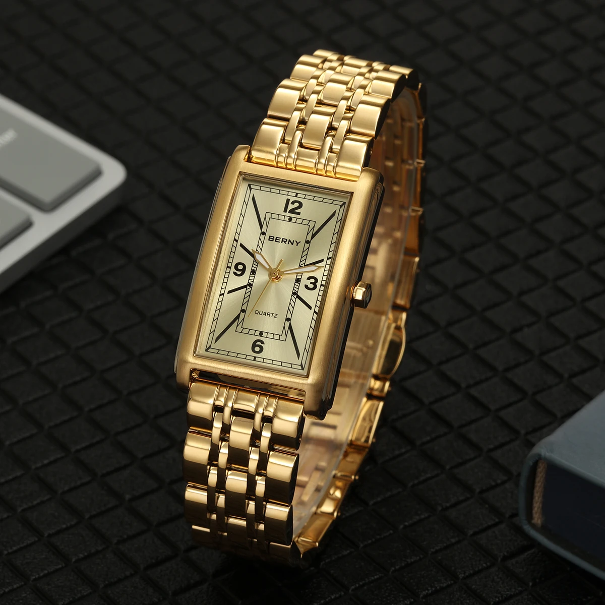 BERNY Gold Wristwatch for Men Square Quartz Luxury Watches Luminous Hands Texture Tank Watches for Men New Rectangular Men Watch